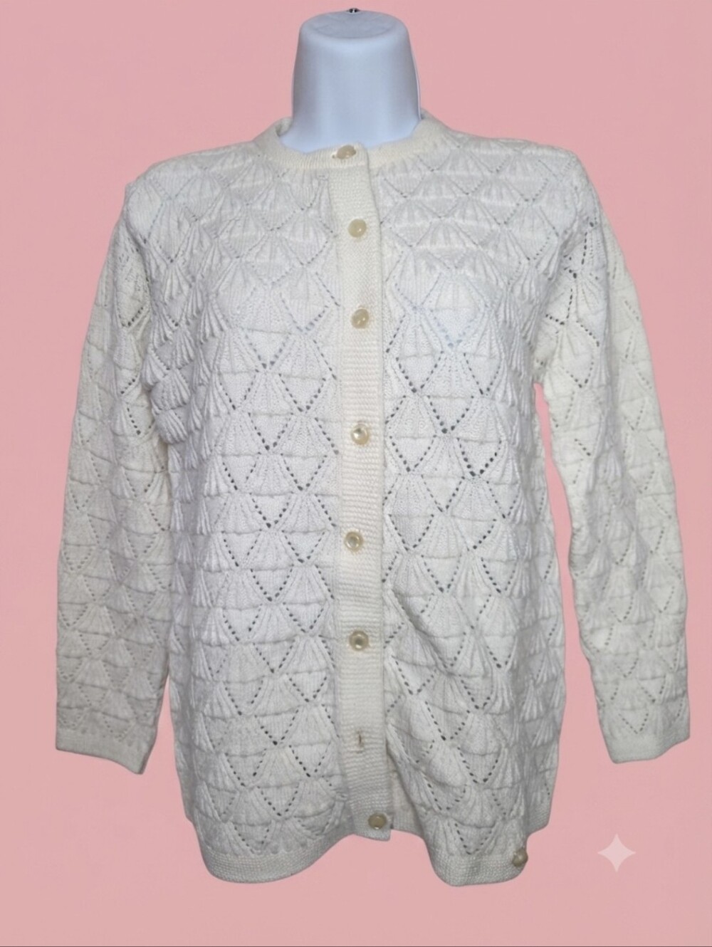 ​VTG Franklin Simon Rosanna Wintuk White Open Knit Button Cardigan Sweater M.